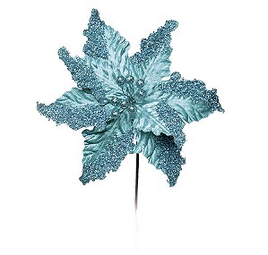 Flor Cabo Médio Poinsettia Turquesa com Glitter 42cm - 01 unidade - Cromus Natal - Rizzo Embalagens