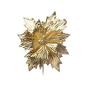 Flor Cabo Curto Poinsettia Dourado com Borda Glitter 25cm - 01 unidade - Cromus Natal - Rizzo Embalagens