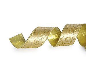 Fita Tecido Arabescos Glitter Ouro 6,3cm - 01 unidade 10m- Cromus Natal - Rizzo Embalagens