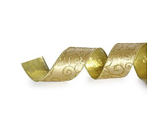 Fita Tecido Arabescos Glitter Ouro 3,8cm - 01 unidade 10m- Cromus Natal - Rizzo Embalagens
