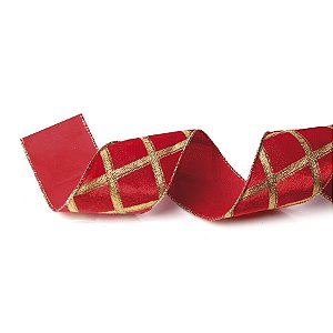 Fita Tecido Vermelho com Losangos Dourados 6,3cm - 01 unidade 10m- Cromus Natal - Rizzo Embalagens