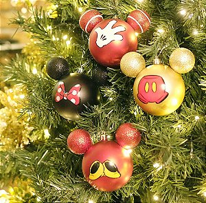 Kit Bolas Acessórios Mickey e Minnie Vermelho Preto e Ouro  6cm - 06 unidades Natal Disney - Cromus - Rizzo Embalagens