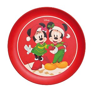 Prato Sobremesa Fibra de Bambu Mickey e Minnie  18cm - 01 unidade - Natal Disney - Cromus - Rizzo Embalagens