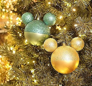 Kit Bola Mickey Verde e Ouro Glitter 6cm - 06 unidades - Natal Disney - Cromus - Rizzo Embalagens