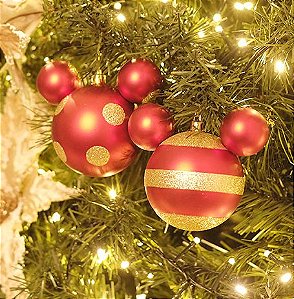Kit Bola Mickey Vermelho Ouro Listras e Poá 8cm - 04 unidades - Natal Disney - Cromus - Rizzo Embalagens