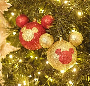 Kit Bola Mickey Silhueta Glitter Vermelho e Ouro 6cm - 06 unidades - Natal Disney - Cromus - Rizzo Embalagens