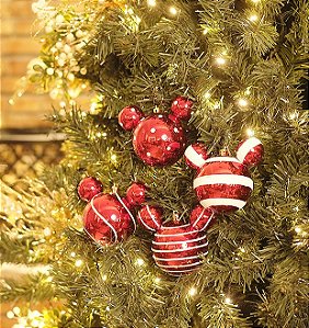 Kit Bola Mickey Listras e Poá Sortidas Vermelho 8cm - 04 unidades - Natal Disney - Cromus - Rizzo Embalagens