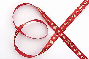 Fita de Natal em Cetim Vermelha Feliz Natal com Flocos de Neve Ouro - 15mm x 10m - Progresso - Rizzo Embalagens e Festas