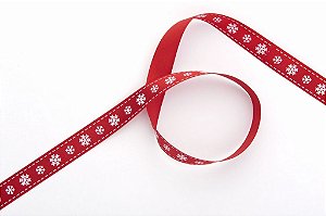 Fita de Natal em Cetim Vermelha Flocos de Neve Brancos - 15mm x 10m - Progresso - Rizzo Embalagens e Festas