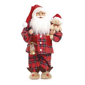 Noel com Pijama Xadrez Segurando Urso 45cm - 01 unidade - Cromus Natal - Rizzo Embalagens