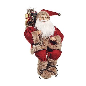 Noel Sentado com Casaco Vermelho e Bege 45cm - 01 unidade - Cromus Natal - Rizzo Embalagens
