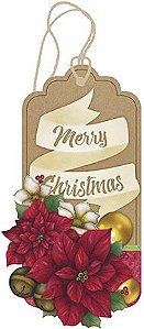 Tag de MDF Poinsetias Merry Christmas 15,5cm - 01 unidade - Litoarte - Rizzo Embalagens