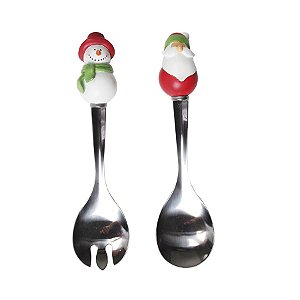 Kit Colher e Garfo para Salada Noel e Boneco de Neve 24cm - 02 unidade - Cromus Natal - Rizzo Embalagens