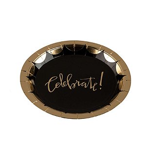 Prato Papel Biodegradável Celebrete Preto e Dourado - 10 un - 18 cm - Silver Festas