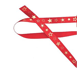 Fita de Natal em Cetim Vermelha Estrelas Ouro - 15mm x 10m - Progresso - Rizzo Embalagens e Festas