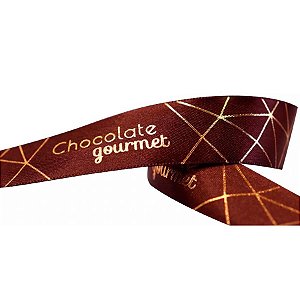 Fita de Páscoa em Cetim 22mmx10m Chocolate Gourmet Marrom com Ouro ECF005H 702 Progresso Rizzo Embalagens