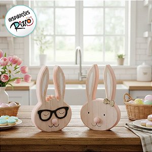 Carinha de Coelhos em Madeira Natural Rosa - P 15x10x2cm - Linha Fun - Cromus Páscoa - Rizzo Embalagens