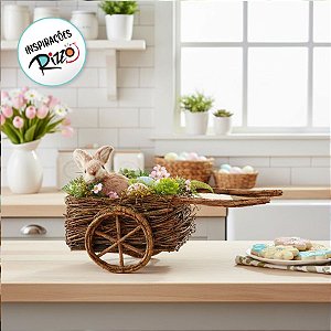 Carroça decorativa de Ratan c Coelho - 25cm x 35cm x 20cm - Cromus Páscoa - Rizzo Embalagens