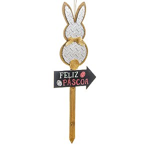 Placa Decorativa Jardim Coelho com Pompom Feliz Páscoa 91cm - 01 unidade - Cromus Páscoa - Rizzo Embalagens