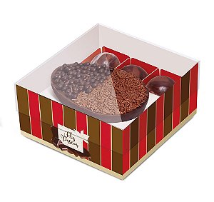 Caixa New Practice Meio Ovo com Bombons Chocolate Listras Vermelho 100g 18,5x17,5x8cm - 06 unidades - Cromus Páscoa - Rizzo Embalagens