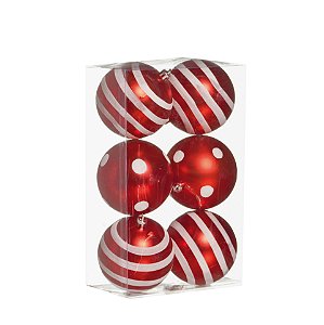 Kit Bolas Texturizadas Vermelho/Branco 8cm - 06 unidades - Cromus Natal - Rizzo Embalagens