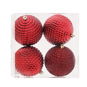 Kit Bolas Texturizadas Vermelho 10cm - 04 unidades - Cromus Natal - Rizzo Embalagens