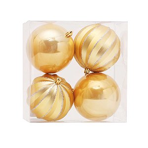 Kit Bolas Texturizadas e Lisas Dourado 10cm - 04 unidades - Cromus Natal - Rizzo Embalagens