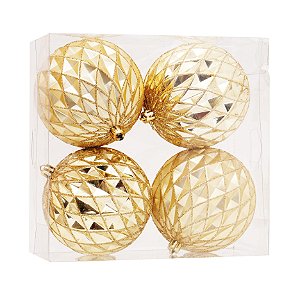 Kit Bolas Texturizadas Dourado 10cm - 04 unidades - Cromus Natal - Rizzo Embalagens