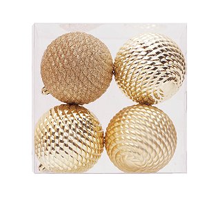 Kit Bolas Texturizadas Dourado 10cm - 04 unidades - Cromus Natal - Rizzo Embalagens