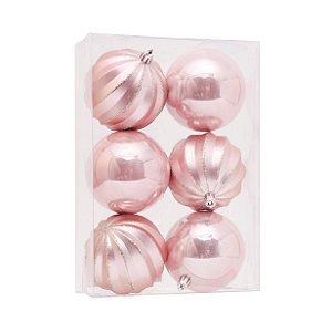 Kit Bolas Texturizado e Liso Rosa 8cm - 06 unidades - Cromus Natal - Rizzo Embalagens