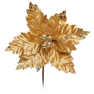 Flor de Natal Cabo Curto Poinsettia Ouro  - 01 unidade - Cromus Natal - Rizzo Embalagens