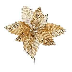 Flor de Natal Poinsettia Cabo Curto  Ouro  - 01 unidade - Cromus Natal - Rizzo Embalagens