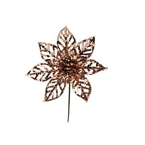 Flor de Natal Poinsettia Glitter Rose Gold Cabo Curto - 01 unidade - Cromus Natal - Rizzo Embalagens