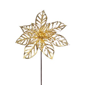 Flor de Natal Poinsettia 14 Petalas Vazadas Ouro Cabo Curto - 01 unidade - Cromus Natal - Rizzo Embalagens