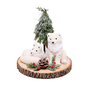 Raposa Branca no Tronco com Pinheiro 27cm - 01 unidade - Cromus Natal - Rizzo Embalagens