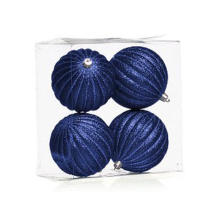 Kit Bolas Azul Glitter 10cm - 04 unidades - Cromus Natal - Rizzo Embalagens