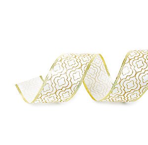 Fita Aramada Colmeia Branco e Ouro 6,3cm x 9,14m - 01 unidade - Cromus Natal - Rizzo Embalagens