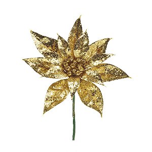 Flor Cabo Curto Dourado com Glitter 25cm - 01 unidade - Cromus Natal - Rizzo Embalagens
