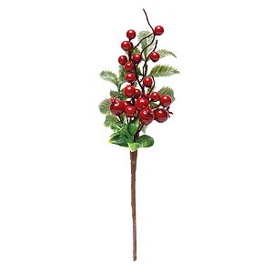 Galho Curto Folhas e Frutas Vermelhas 30cm - 01 unidade - Cromus Natal - Rizzo Embalagens