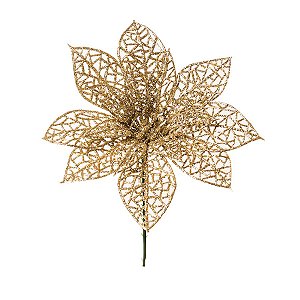 Flor Cabo Curto Poinsettia com Glitter Nude 15cm - 01 unidade - Cromus Natal - Rizzo Embalagens