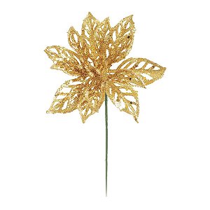 Flor Poinsettia com Glitter Ouro 20cm - 01 unidade - Cromus Natal - Rizzo Embalagens