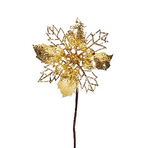 Flor Pétalas Vazadas Glitter Ouro 20cm - 01 unidade - Cristal Collection - Cromus Natal - Rizzo Embalagens
