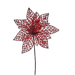 Flor Pétalas Vazadas e Miolo Berry Vermelho 19cm - 01 unidade - Cromus Natal - Rizzo Embalagens