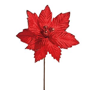 Flor Cabo Curto Poinsettia Vermelha 25cm - 01 unidade - Cromus Natal - Rizzo Embalagens