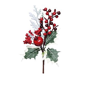 Galho Curto Folhas Frutas e Romã Vermelho 20cm - 01 unidade - Cromus Natal - Rizzo Embalagens