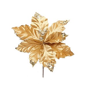 Flor Cabo Curto Ouro com Glitter 20cm - 01 unidade - Cromus Natal - Rizzo Embalagens
