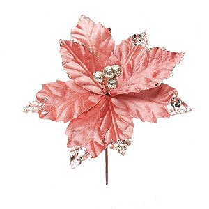 Flor Cabo Curto Veludo Rosa e Glitter 20cm - 01 unidade - Cromus Natal - Rizzo Embalagens