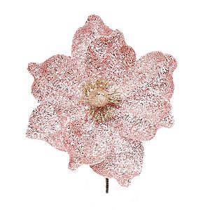 Flor Cabo Curto Poinsettia Rosa Glitter 25cm - 01 unidade - Cromus Natal - Rizzo Embalagens