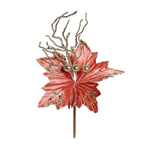 Flor Cabo Curto Poinsettia Rose e Glitter Nude 20cm - 01 unidade - Cromus Natal - Rizzo Embalagens