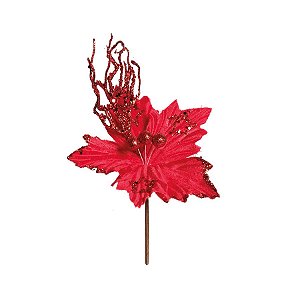 Flor Cabo Curto Poinsettia Vermelho Glitter 20cm - 01 unidade - Cromus Natal - Rizzo Embalagens